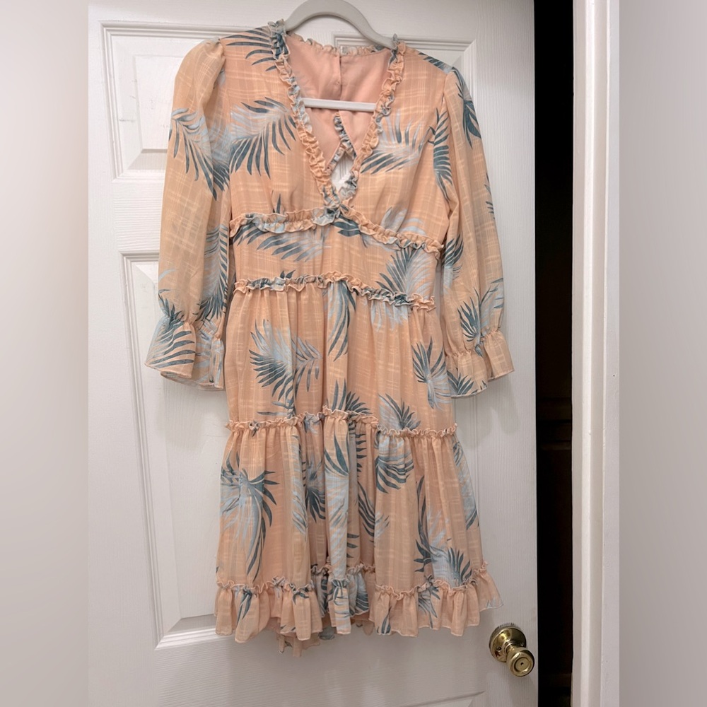 Vici Collection, Long Sleeve, V-Neck, Open Back, Palm Leaf Print Peach Dress